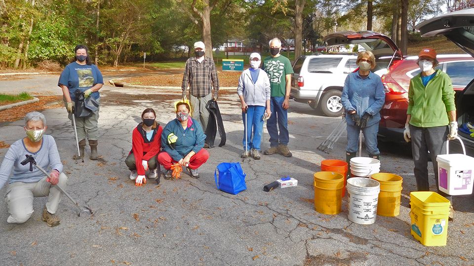 <strong>Community Outreach and Conservation work</strong> –  We offer many opportunities to participate in community events and conservation projects. This photo is from the fall 2020 stream cleanup at Biltmore Hills..